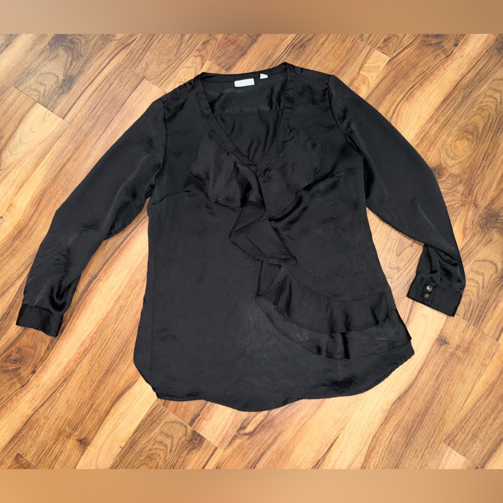 New York & Company Black Ruffle Blouse Long Sleeve V-Neck Size Large - Picture 4 of 5